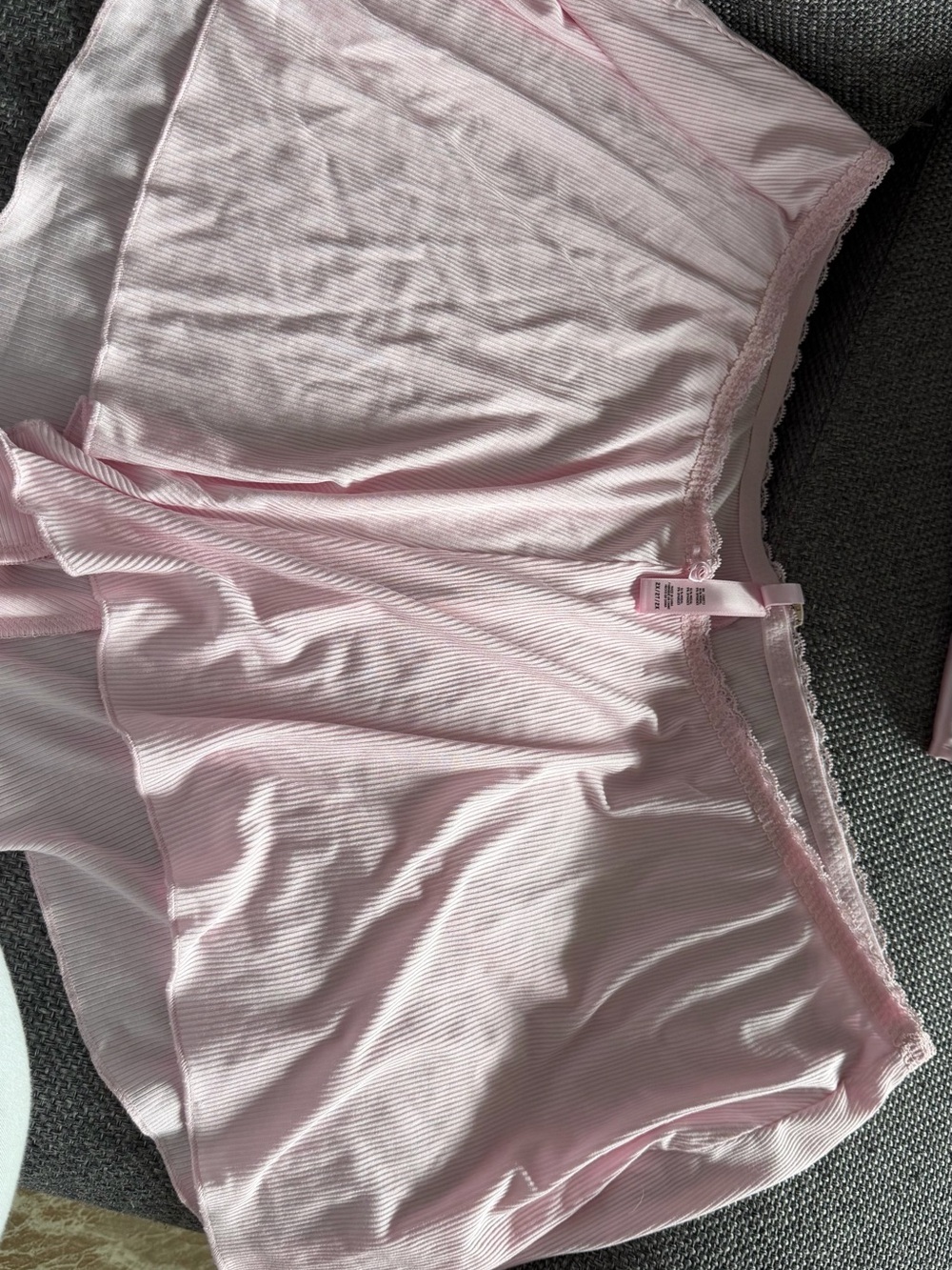 SKIMS Light Pink Ribbed Sleep Shorts with Lace Trim